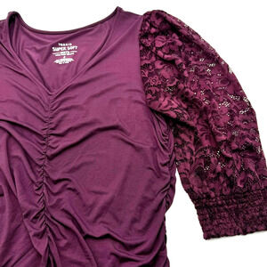 TORRID 2X Super Soft Knit Plum Purple Mini Dress Floral Lace Sleeves Ruched Sexy